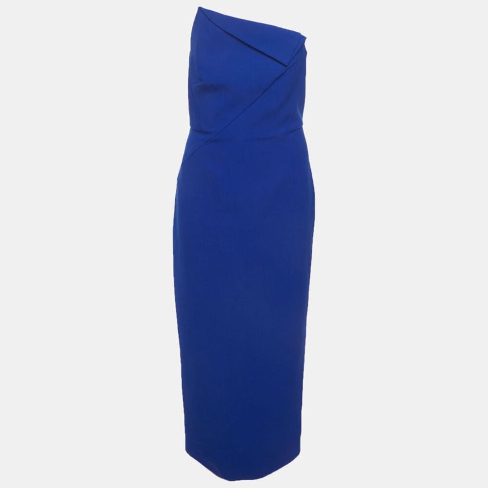 Roland Mouret Blue Crepe Strapless Asymmetric Midi Dress L